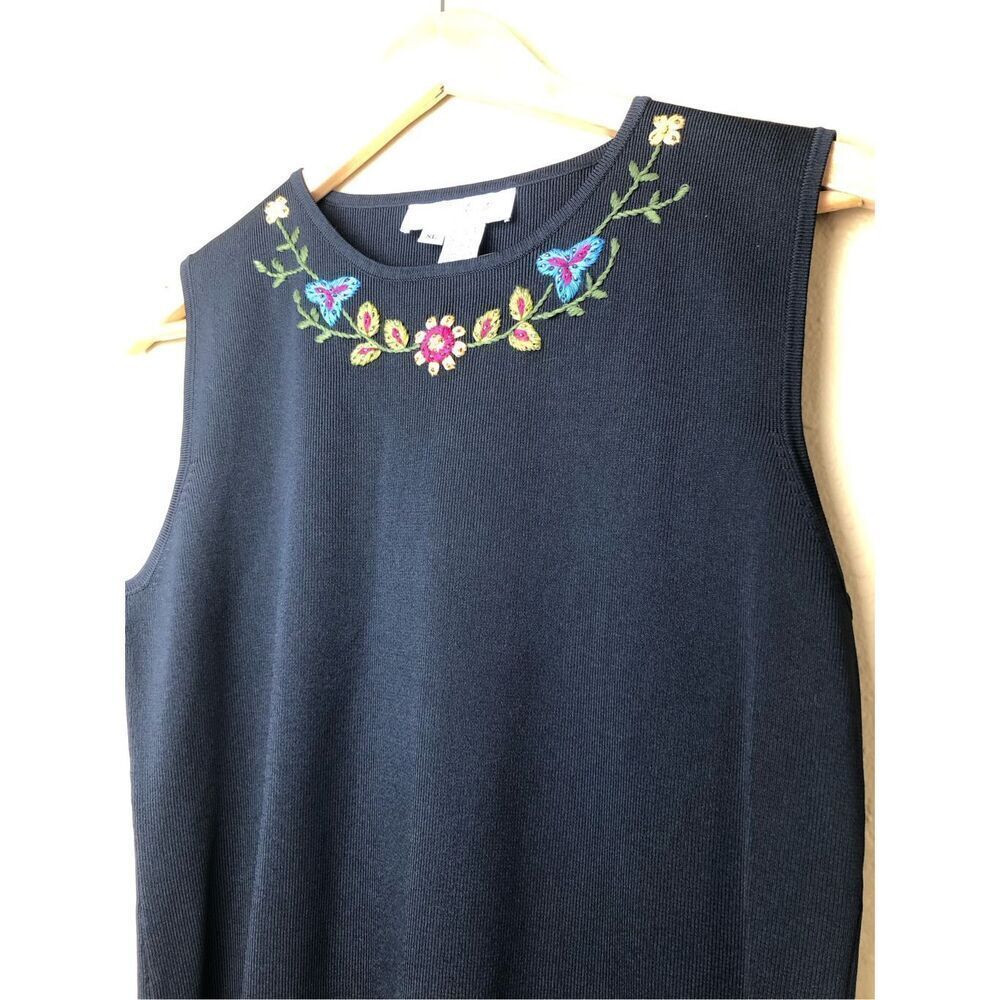 M Nicole XL Navy Embroidered Floral Sleeveless Knit Tank Top - Picture 5 of 13